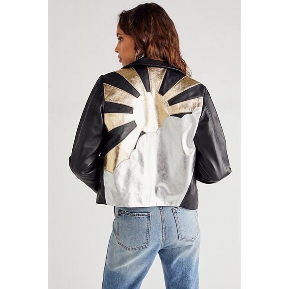 Free People x Pierre Rioufol Sun Shining Leather Jacket Moto Black Size L NWOT - Picture 2 of 16